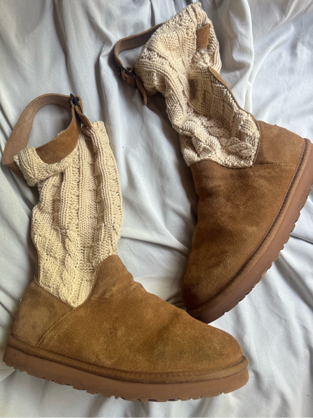 UGG Chestnut Suede and Cream Cable-Knit Mid-Calf Boots